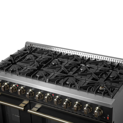 Forno Galiano 48-Inch Dual Fuel Range, 6.58 cu. ft., 8 Sealed Burners with Griddle, Black with Antique Brass Accents (Model FFSGS6156-48BLK)