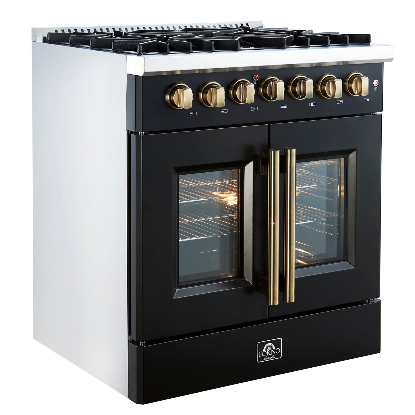 Forno Galiano 30-Inch Dual Fuel Range, 4.32 cu. ft., 5 Sealed Burners, French Door Oven, Black with Antique Brass Accents (Model FFSGS6356-30BLK)