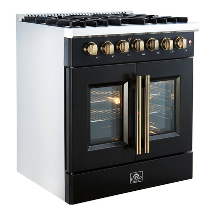 Forno Galiano 30-Inch Dual Fuel Range, 4.32 cu. ft., 5 Sealed Burners, French Door Oven, Black with Antique Brass Accents (Model FFSGS6356-30BLK)
