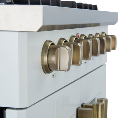 Forno Galiano 30-Inch Dual Fuel Range with French Door Oven, 5 Sealed Burners, 4.32 cu. ft., White with Antique Brass Accents (Model FFSGS6356-30WHT)