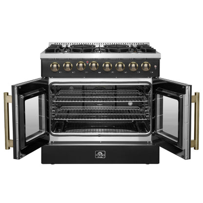 FORNO Galiano 36-Inch Dual Fuel Range, 5.36 cu. ft. French Door Oven, 6 Sealed Burners, Black with Antique Brass Accents (Model FFSGS6356-36BLK)