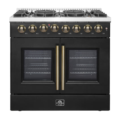 FORNO Galiano 36-Inch Dual Fuel Range, 5.36 cu. ft. French Door Oven, 6 Sealed Burners, Black with Antique Brass Accents (Model FFSGS6356-36BLK)
