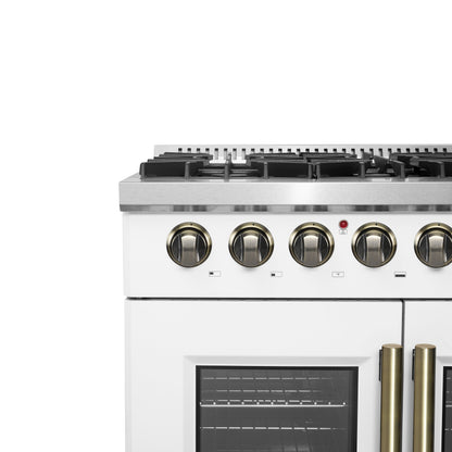 FORNO Galiano 36-Inch Dual Fuel Range, 5.36 cu. ft. French Door Oven, 6 Sealed Burners, White with Antique Brass Accents (Model FFSGS6356-36WHT)