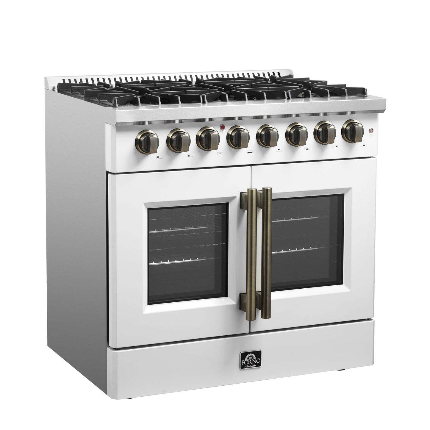 FORNO Galiano 36-Inch Dual Fuel Range, 5.36 cu. ft. French Door Oven, 6 Sealed Burners, White with Antique Brass Accents (Model FFSGS6356-36WHT)