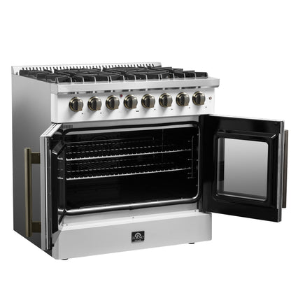 FORNO Galiano 36-Inch Dual Fuel Range, 5.36 cu. ft. French Door Oven, 6 Sealed Burners, White with Antique Brass Accents (Model FFSGS6356-36WHT)
