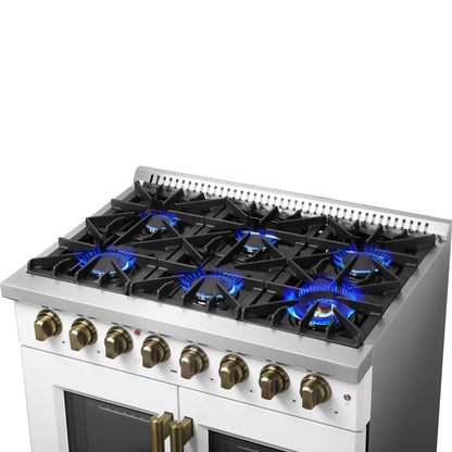 FORNO Galiano 36-Inch Dual Fuel Range, 5.36 cu. ft. French Door Oven, 6 Sealed Burners, White with Antique Brass Accents (Model FFSGS6356-36WHT)