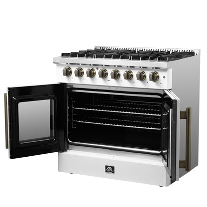 FORNO Galiano 36-Inch Dual Fuel Range, 5.36 cu. ft. French Door Oven, 6 Sealed Burners, White with Antique Brass Accents (Model FFSGS6356-36WHT)
