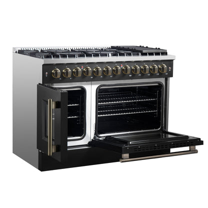 Forno Galiano 48-Inch Dual Fuel Range with French Door Oven, 6.58 cu. ft., 8 Sealed Burners, Griddle, Black with Antique Brass Accents (Model FFSGS6356-48BLK)