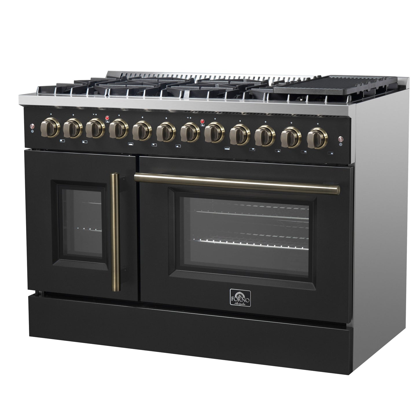 Forno Galiano 48-Inch Dual Fuel Range with French Door Oven, 6.58 cu. ft., 8 Sealed Burners, Griddle, Black with Antique Brass Accents (Model FFSGS6356-48BLK)