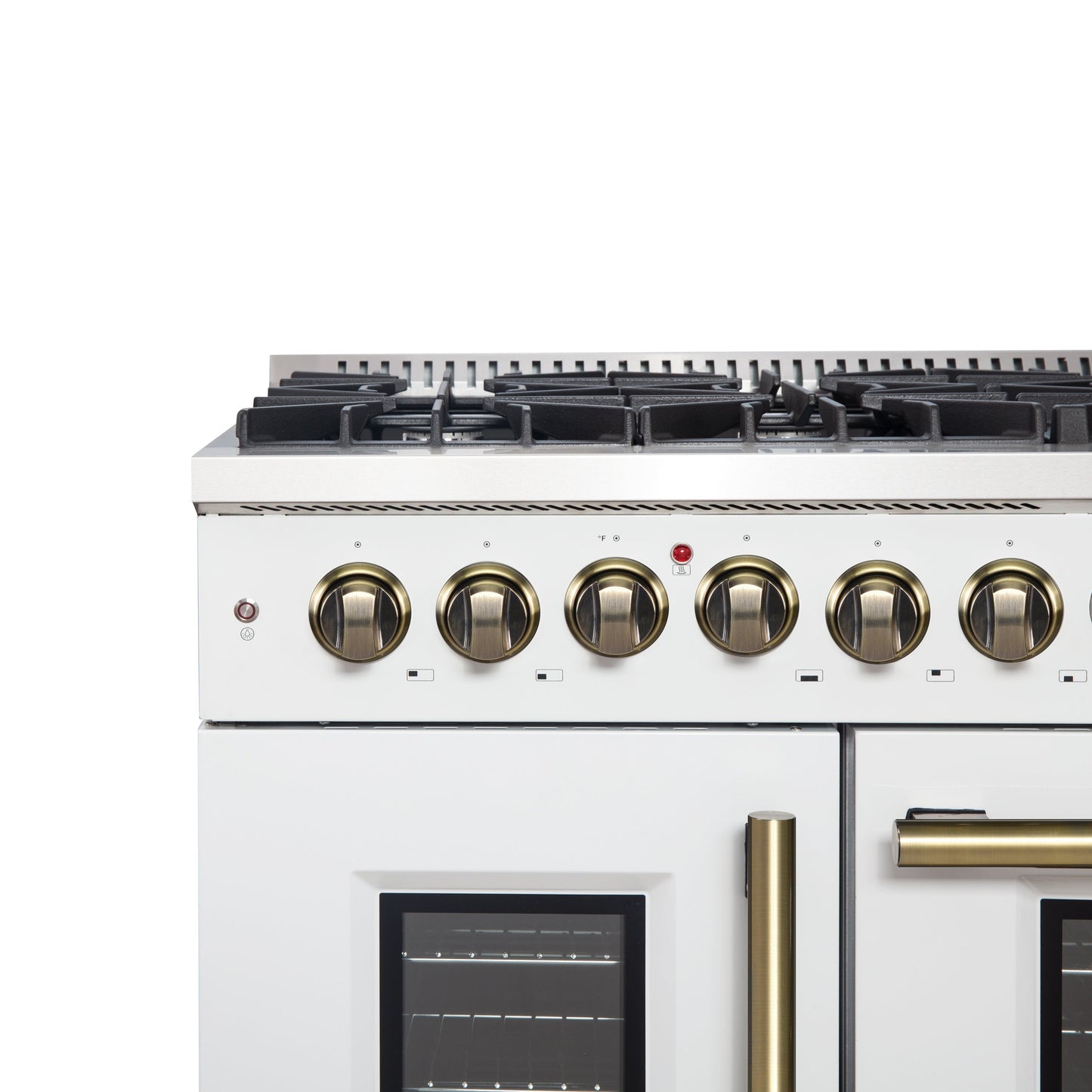Forno Galiano 48-Inch Dual Fuel Range, 6.58 cu. ft., French Door Oven, 8 Sealed Burners with Griddle, White with Antique Brass Accents (Model FFSGS6356-48WHT)