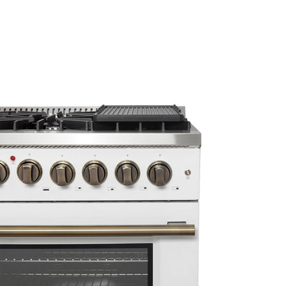 Forno Galiano 48-Inch Dual Fuel Range, 6.58 cu. ft., French Door Oven, 8 Sealed Burners with Griddle, White with Antique Brass Accents (Model FFSGS6356-48WHT)
