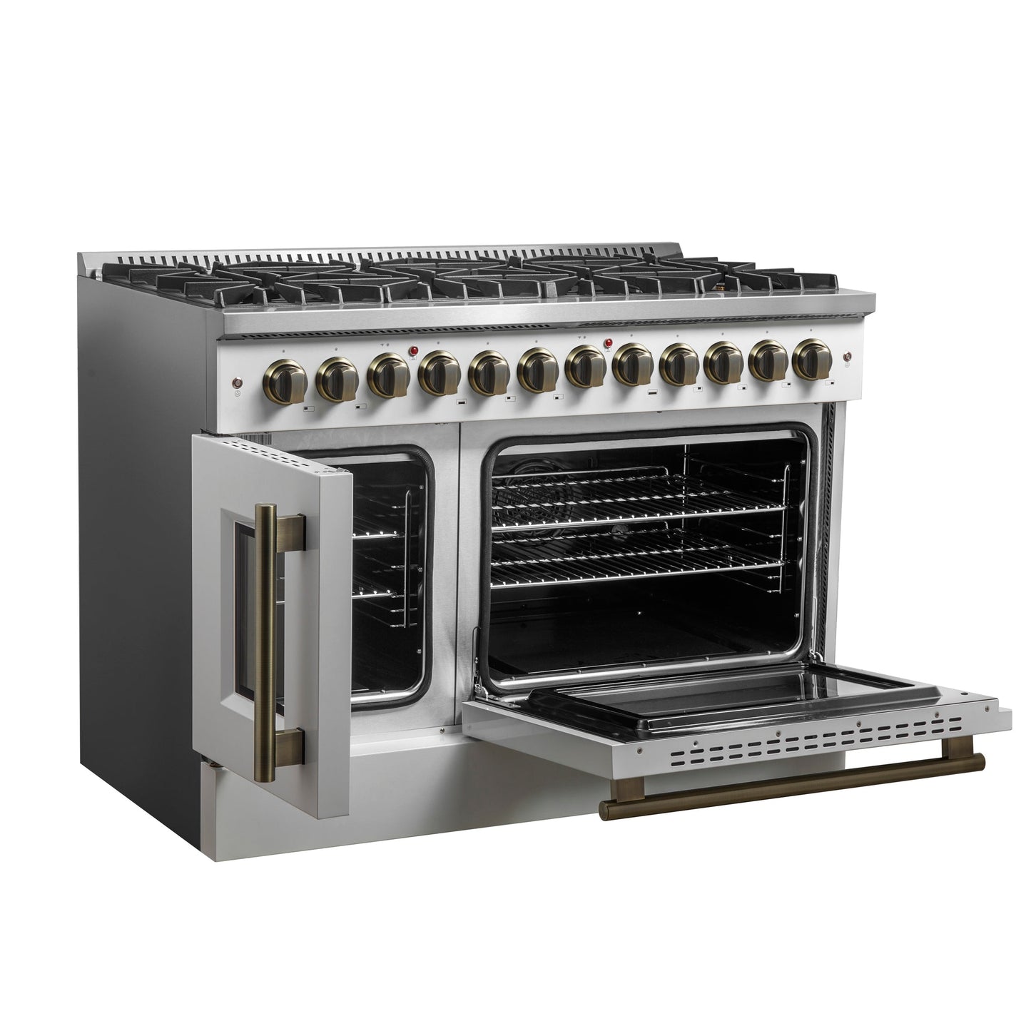 Forno Galiano 48-Inch Dual Fuel Range, 6.58 cu. ft., French Door Oven, 8 Sealed Burners with Griddle, White with Antique Brass Accents (Model FFSGS6356-48WHT)