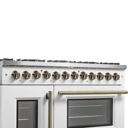 Forno Galiano 48-Inch Dual Fuel Range, 6.58 cu. ft., French Door Oven, 8 Sealed Burners with Griddle, White with Antique Brass Accents (Model FFSGS6356-48WHT)