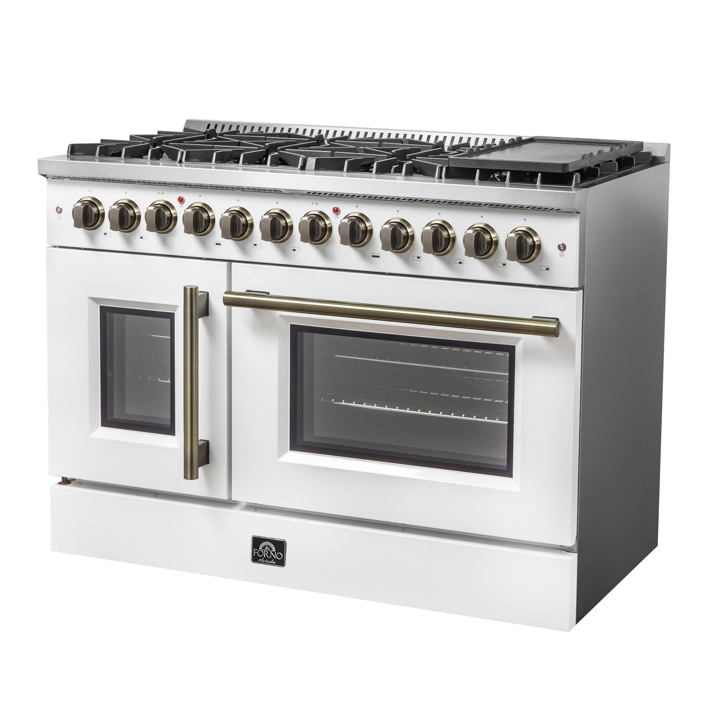 Forno Galiano 48-Inch Dual Fuel Range, 6.58 cu. ft., French Door Oven, 8 Sealed Burners with Griddle, White with Antique Brass Accents (Model FFSGS6356-48WHT)