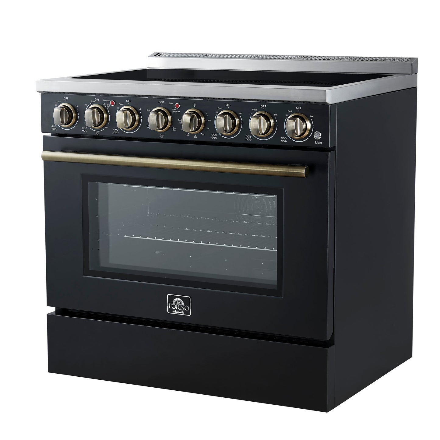 Forno Paolo 36-Inch Freestanding Electric Range, 5.44 cu. ft. True Convection Oven, Black with Antique Brass Accents (Model FFSEL6011-36BLK)