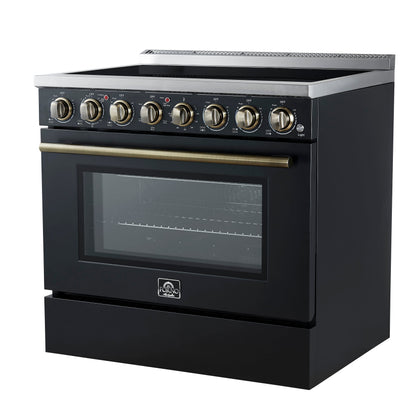 Forno Paolo 36-Inch Freestanding Electric Range, 5.44 cu. ft. True Convection Oven, Black with Antique Brass Accents (Model FFSEL6011-36BLK)