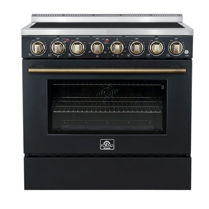 Forno Paolo 36-Inch Freestanding Electric Range, 5.44 cu. ft. True Convection Oven, Black with Antique Brass Accents (Model FFSEL6011-36BLK)