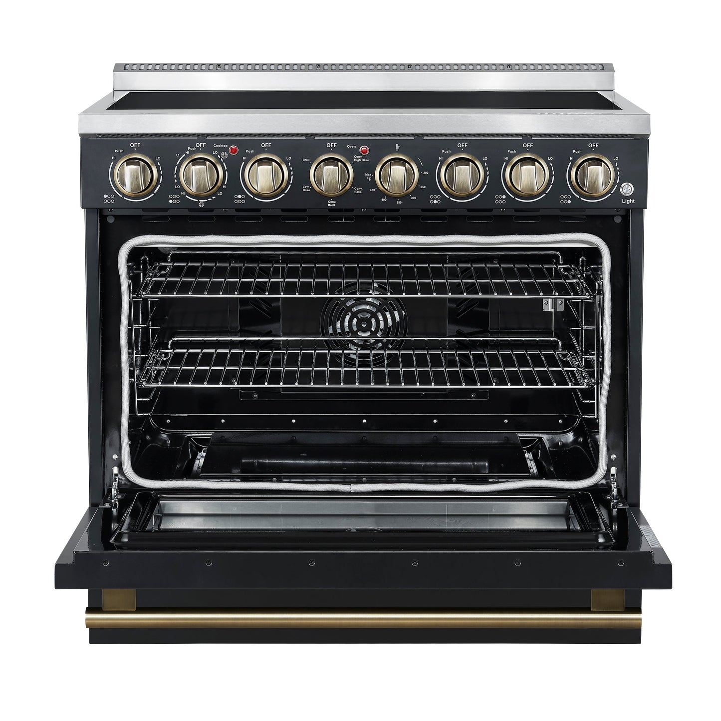 Forno Paolo 36-Inch Freestanding Electric Range, 5.44 cu. ft. True Convection Oven, Black with Antique Brass Accents (Model FFSEL6011-36BLK)