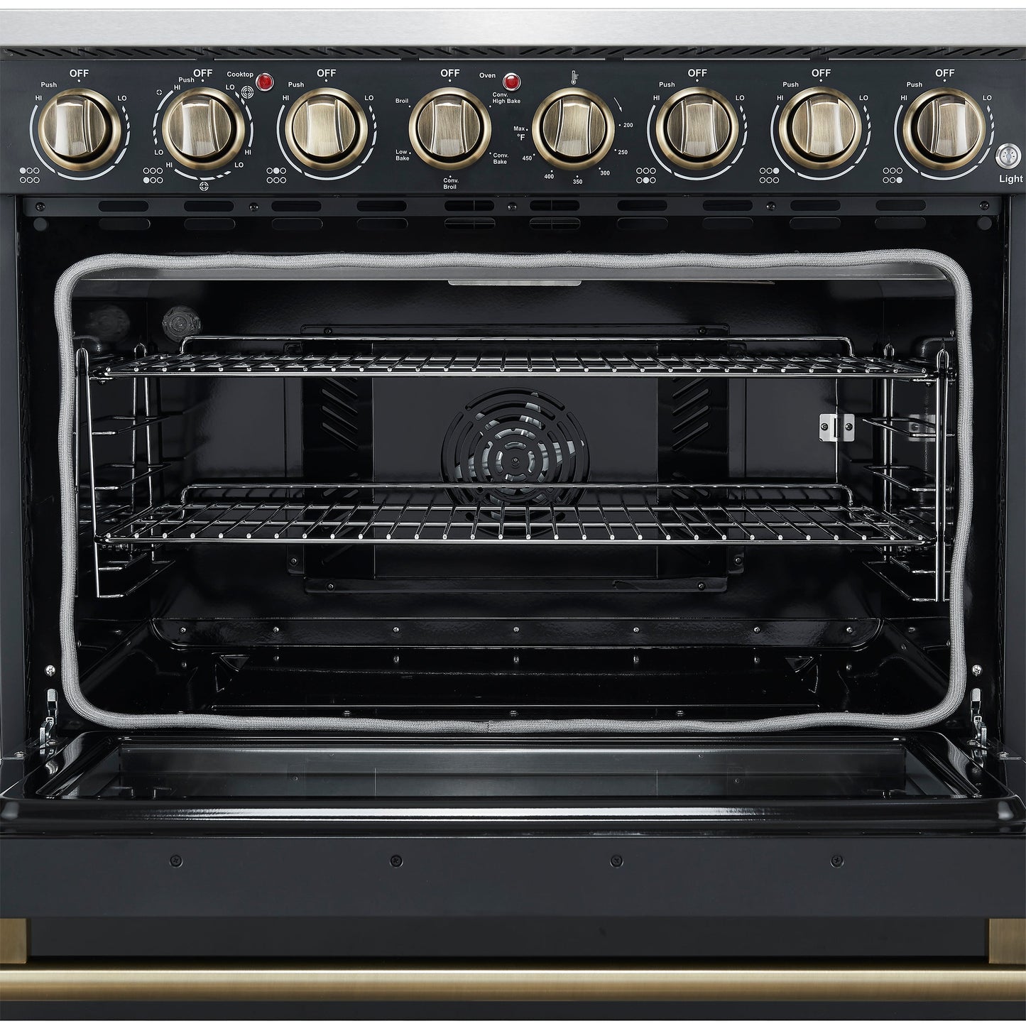 Forno Paolo 36-Inch Freestanding Electric Range, 5.44 cu. ft. True Convection Oven, Black with Antique Brass Accents (Model FFSEL6011-36BLK)