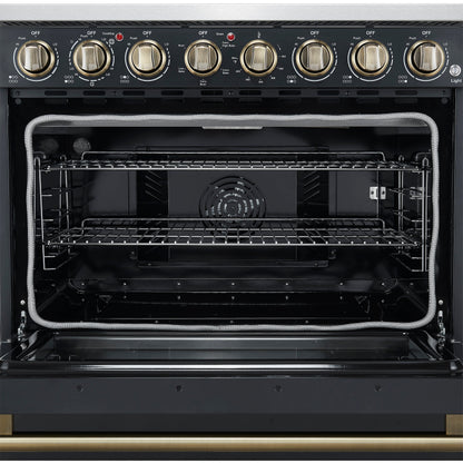 Forno Paolo 36-Inch Freestanding Electric Range, 5.44 cu. ft. True Convection Oven, Black with Antique Brass Accents (Model FFSEL6011-36BLK)