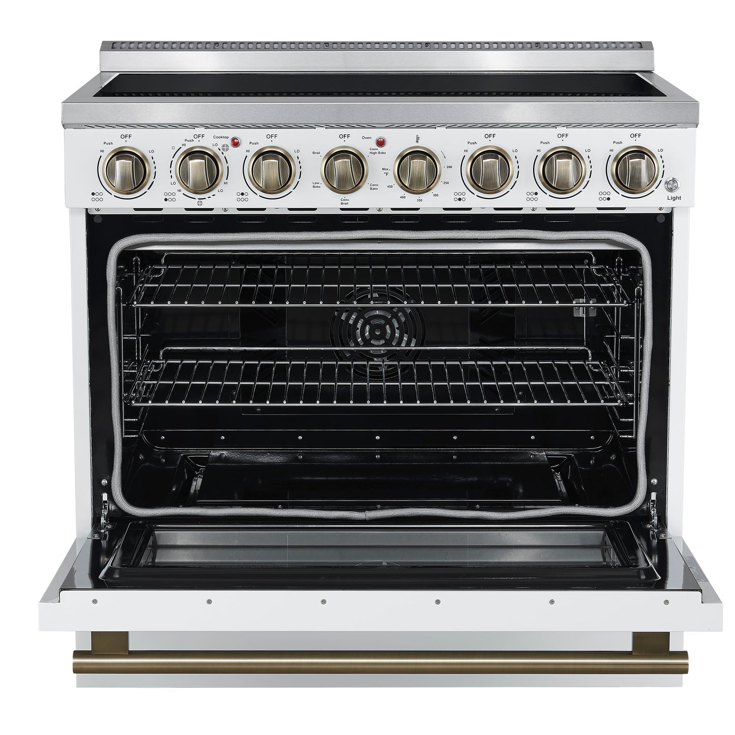 Forno Paolo 36-Inch Freestanding Electric Range with 5.44 cu. ft. True Convection Oven, White with Antique Brass Accents (FFSEL6011-36WHT)