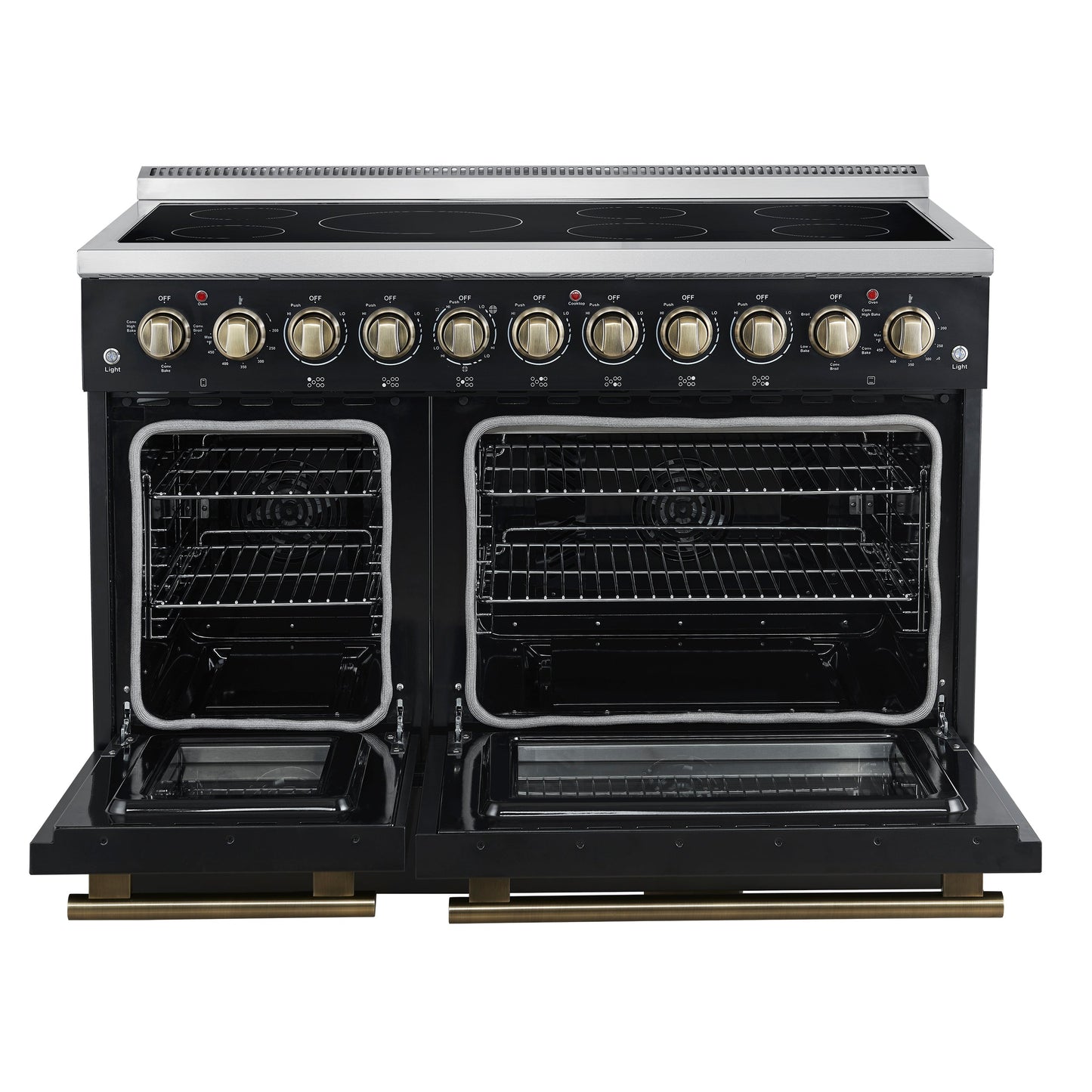 Forno Paolo 48-Inch Freestanding Electric Range, 6.7 cu. ft. True Convection Oven, Black with Antique Brass Accents (Model FFSEL6011-48BLK)