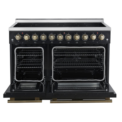 Forno Paolo 48-Inch Freestanding Electric Range, 6.7 cu. ft. True Convection Oven, Black with Antique Brass Accents (Model FFSEL6011-48BLK)