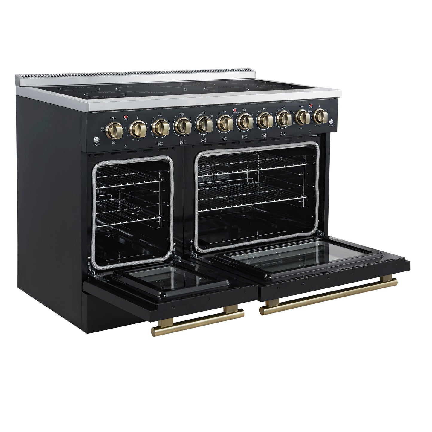 Forno Paolo 48-Inch Freestanding Electric Range, 6.7 cu. ft. True Convection Oven, Black with Antique Brass Accents (Model FFSEL6011-48BLK)