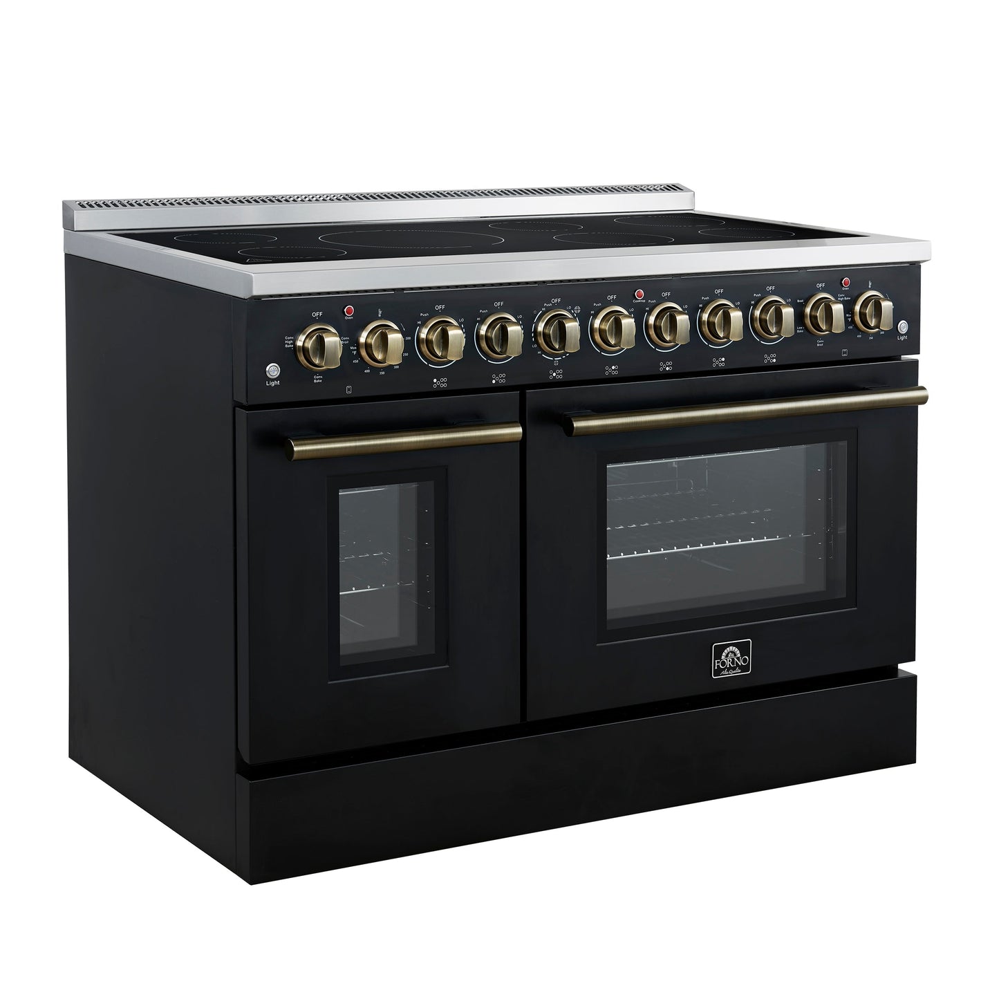 Forno Paolo 48-Inch Freestanding Electric Range, 6.7 cu. ft. True Convection Oven, Black with Antique Brass Accents (Model FFSEL6011-48BLK)