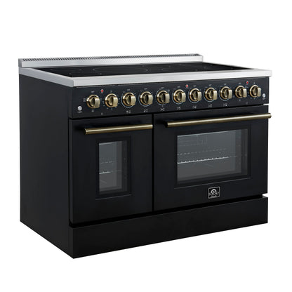 Forno Paolo 48-Inch Freestanding Electric Range, 6.7 cu. ft. True Convection Oven, Black with Antique Brass Accents (Model FFSEL6011-48BLK)