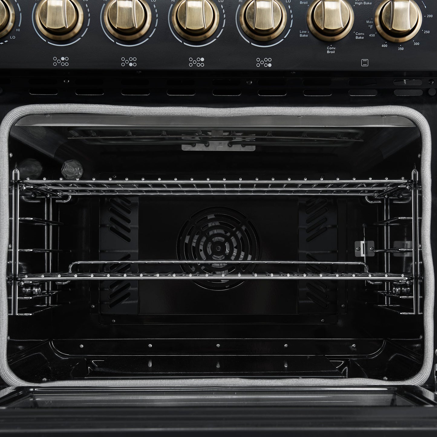 Forno Paolo 48-Inch Freestanding Electric Range, 6.7 cu. ft. True Convection Oven, Black with Antique Brass Accents (Model FFSEL6011-48BLK)
