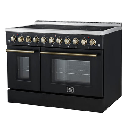 Forno Paolo 48-Inch Freestanding Electric Range, 6.7 cu. ft. True Convection Oven, Black with Antique Brass Accents (Model FFSEL6011-48BLK)