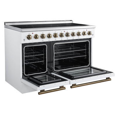 Forno Paolo 48-Inch Freestanding Electric Range with True Convection Oven, 6.7 Cu. Ft., White with Antique Brass Accents (Model FFSEL6011-48WHT)