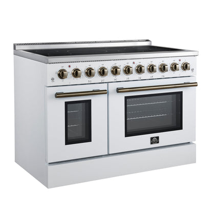Forno Paolo 48-Inch Freestanding Electric Range with True Convection Oven, 6.7 Cu. Ft., White with Antique Brass Accents (Model FFSEL6011-48WHT)