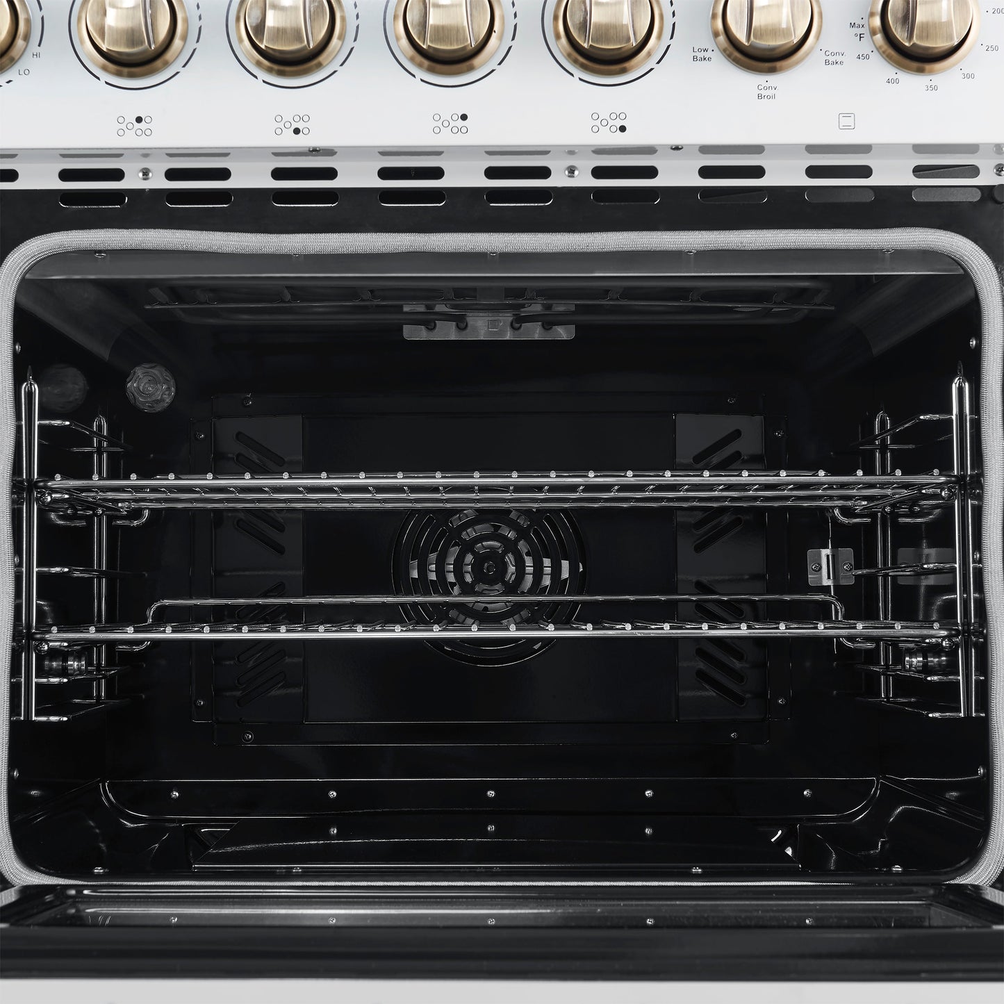 Forno Paolo 48-Inch Freestanding Electric Range with True Convection Oven, 6.7 Cu. Ft., White with Antique Brass Accents (Model FFSEL6011-48WHT)
