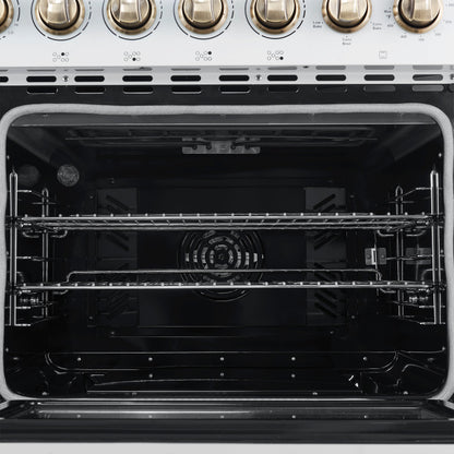 Forno Paolo 48-Inch Freestanding Electric Range with True Convection Oven, 6.7 Cu. Ft., White with Antique Brass Accents (Model FFSEL6011-48WHT)