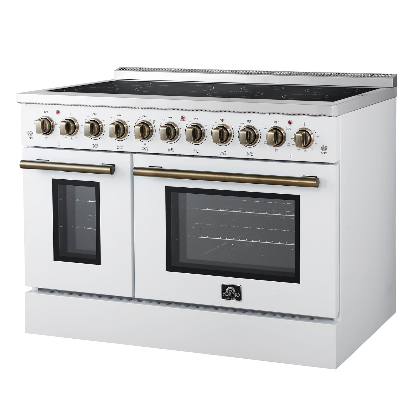 Forno Paolo 48-Inch Freestanding Electric Range with True Convection Oven, 6.7 Cu. Ft., White with Antique Brass Accents (Model FFSEL6011-48WHT)