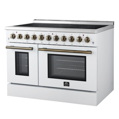 Forno Paolo 48-Inch Freestanding Electric Range with True Convection Oven, 6.7 Cu. Ft., White with Antique Brass Accents (Model FFSEL6011-48WHT)