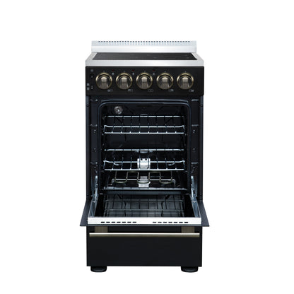 Forno Pallerno 20-Inch Freestanding Electric Range with 4 Radiant Elements, 2.05 cu. ft. Oven, Storage Drawer, Black with Antique Brass Acccents (Model FFSEL6052-20BLK)
