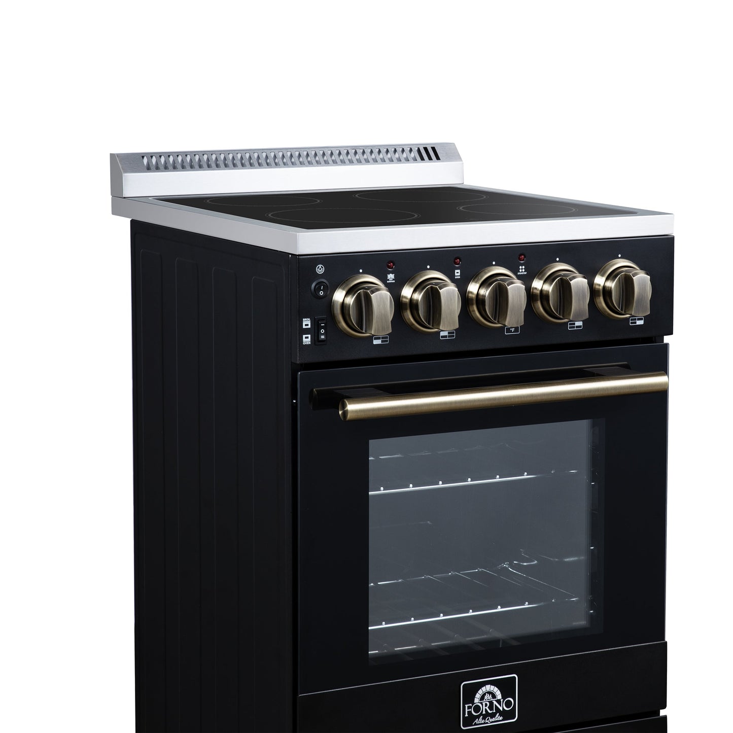 Forno Pallerno 20-Inch Freestanding Electric Range with 4 Radiant Elements, 2.05 cu. ft. Oven, Storage Drawer, Black with Antique Brass Acccents (Model FFSEL6052-20BLK)