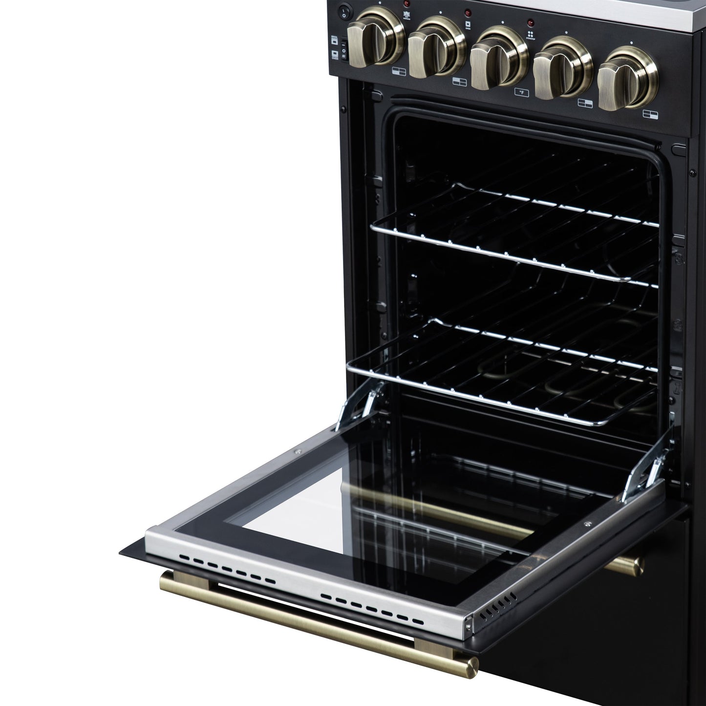 Forno Pallerno 20-Inch Freestanding Electric Range with 4 Radiant Elements, 2.05 cu. ft. Oven, Storage Drawer, Black with Antique Brass Acccents (Model FFSEL6052-20BLK)
