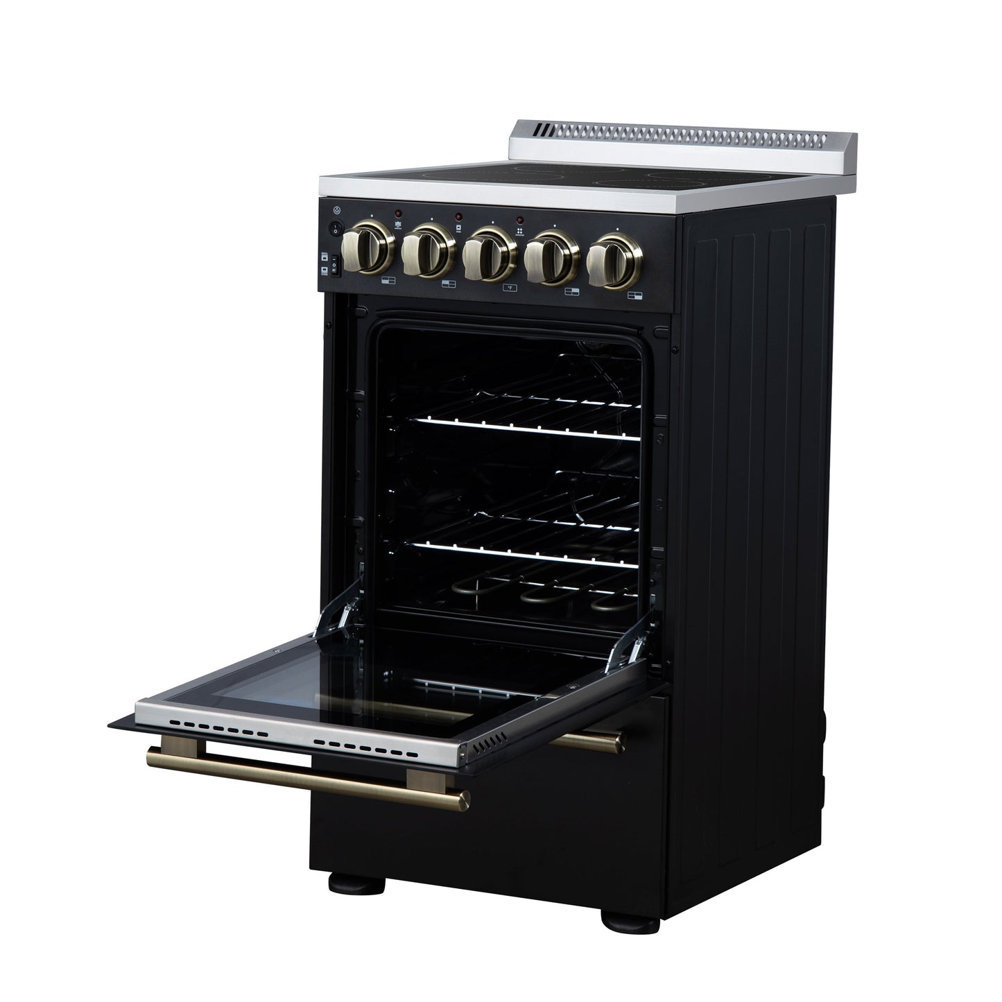 Forno Pallerno 20-Inch Freestanding Electric Range with 4 Radiant Elements, 2.05 cu. ft. Oven, Storage Drawer, Black with Antique Brass Acccents (Model FFSEL6052-20BLK)