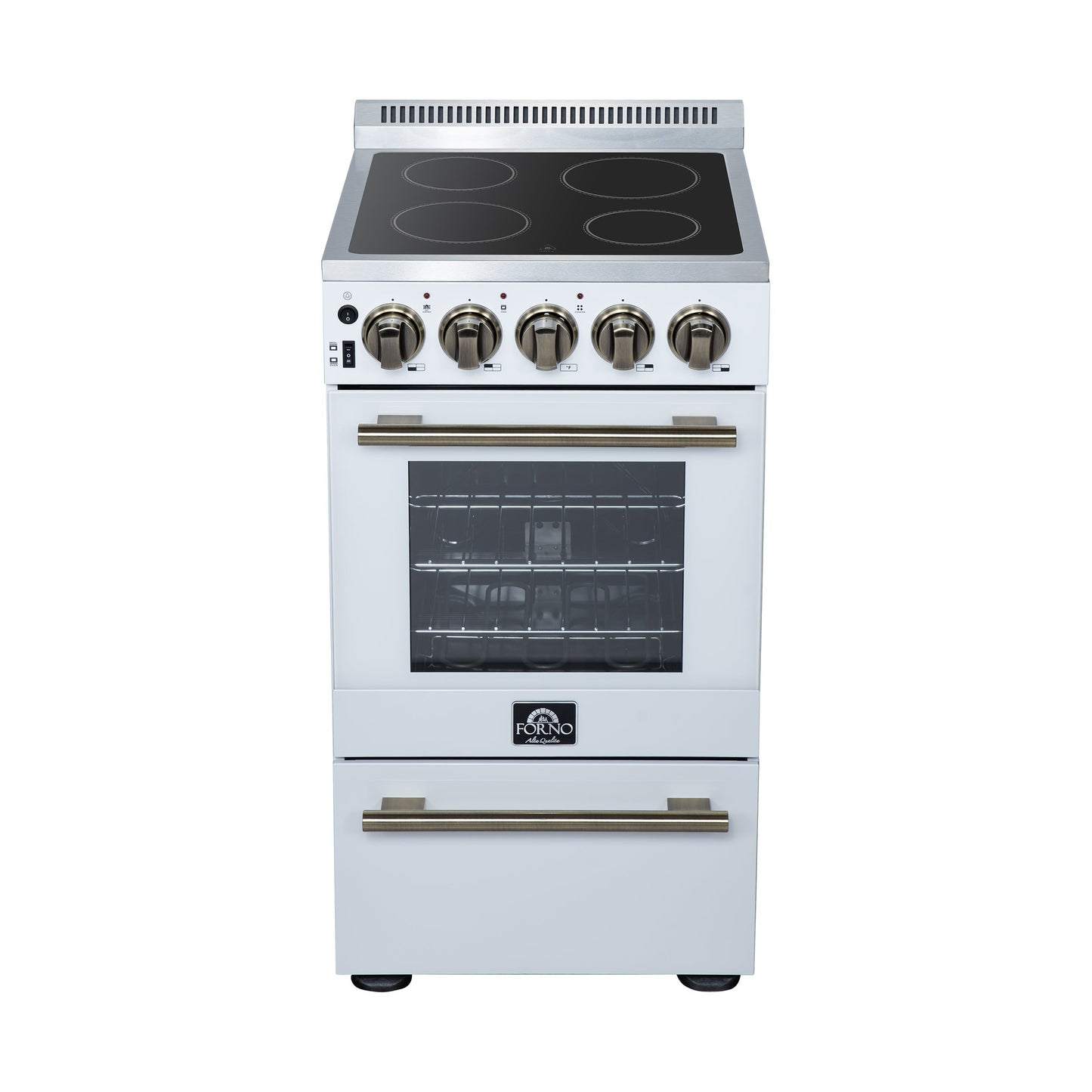 Forno Pallerno 20-Inch Freestanding Electric Range, 2.05 cu ft, 4 Radiant Elements, Storage Drawer, White with Antique Brass Accents (Model FFSEL6052-20WHT)