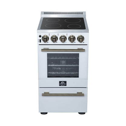Forno Pallerno 20-Inch Freestanding Electric Range, 2.05 cu ft, 4 Radiant Elements, Storage Drawer, White with Antique Brass Accents (Model FFSEL6052-20WHT)