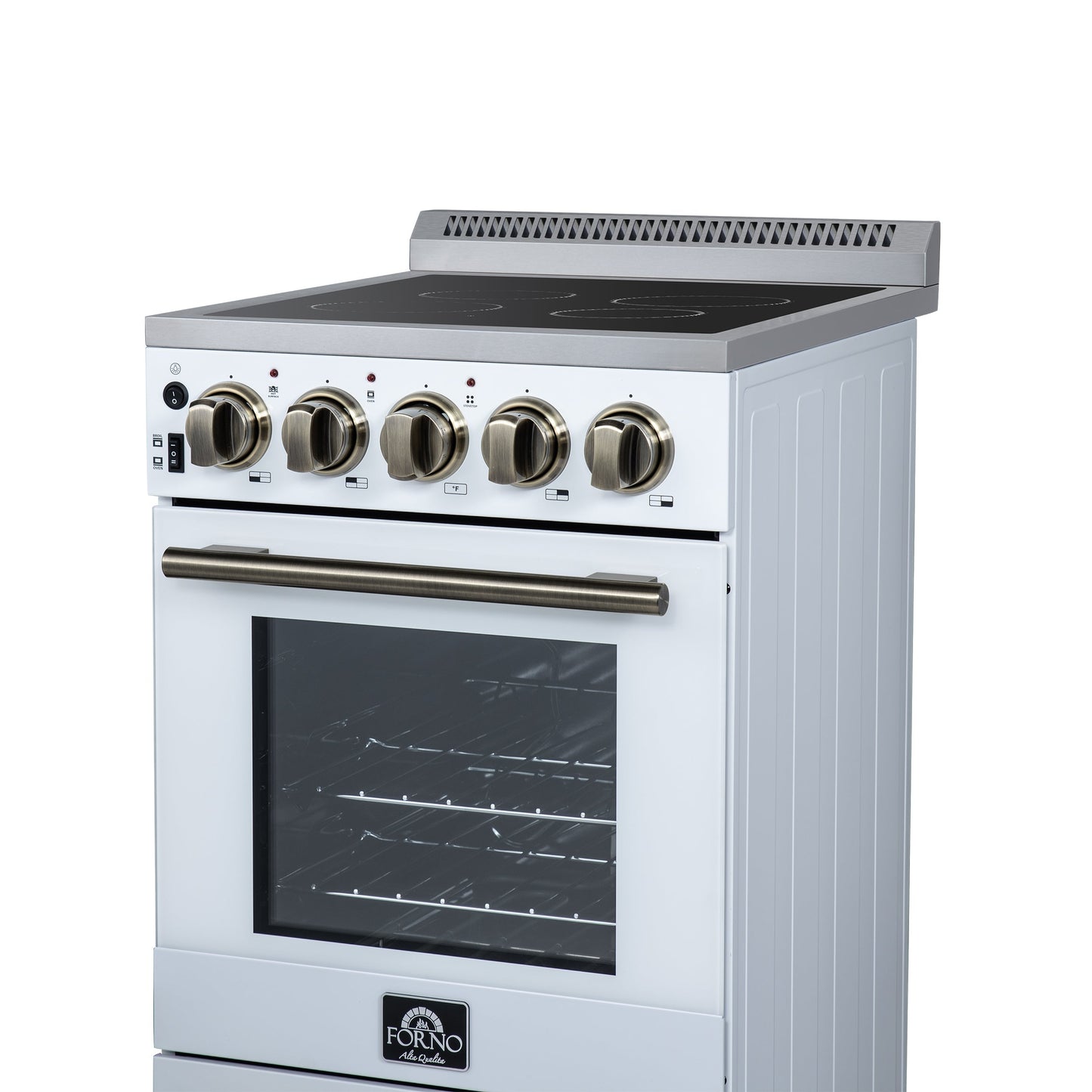 Forno Pallerno 20-Inch Freestanding Electric Range, 2.05 cu ft, 4 Radiant Elements, Storage Drawer, White with Antique Brass Accents (Model FFSEL6052-20WHT)