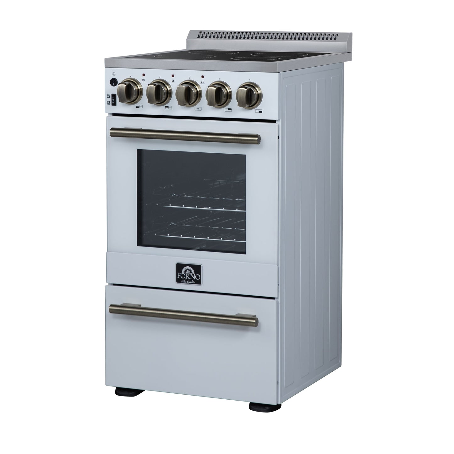 Forno Pallerno 20-Inch Freestanding Electric Range, 2.05 cu ft, 4 Radiant Elements, Storage Drawer, White with Antique Brass Accents (Model FFSEL6052-20WHT)