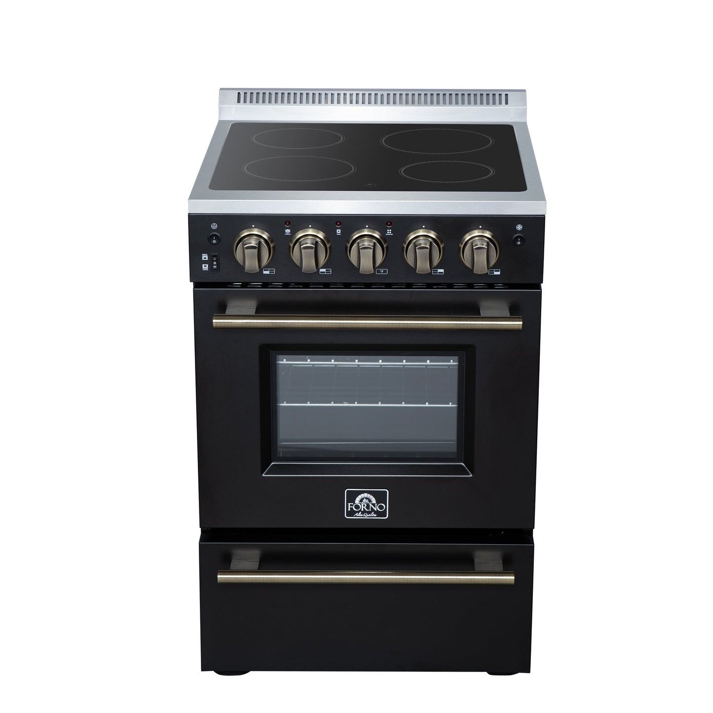 Forno Loiano 24 in. Freestanding Electric Range, 2.3 cu. ft., 4 Radiant Elements, Storage Drawer, Air Fryer Kit, Black with Antique Brass Accents (FFSEL6069-24BLK)
