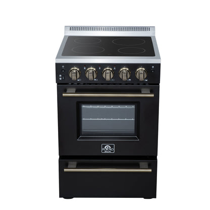 Forno Loiano 24 in. Freestanding Electric Range, 2.3 cu. ft., 4 Radiant Elements, Storage Drawer, Air Fryer Kit, Black with Antique Brass Accents (FFSEL6069-24BLK)