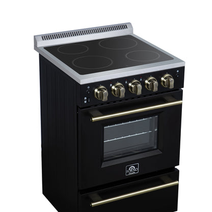 Forno Loiano 24 in. Freestanding Electric Range, 2.3 cu. ft., 4 Radiant Elements, Storage Drawer, Air Fryer Kit, Black with Antique Brass Accents (FFSEL6069-24BLK)