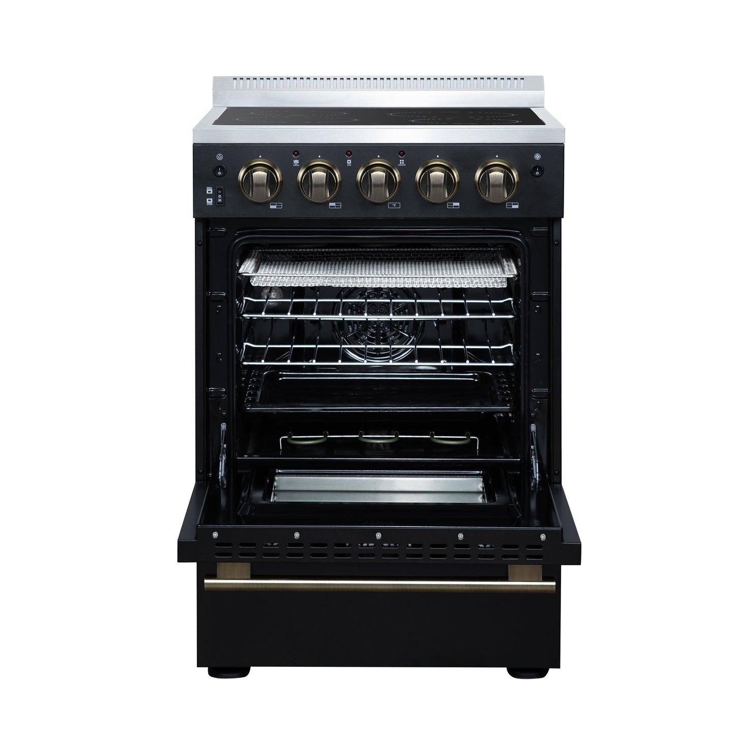 Forno Loiano 24 in. Freestanding Electric Range, 2.3 cu. ft., 4 Radiant Elements, Storage Drawer, Air Fryer Kit, Black with Antique Brass Accents (FFSEL6069-24BLK)